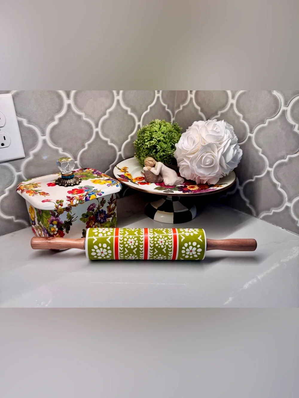 Retired Anthropologie Green Floral Ceramic Rolling Pin